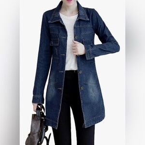 SOMTHRON Distressed Denim Jean Coat Long Outerwear Denim Jacket size Small